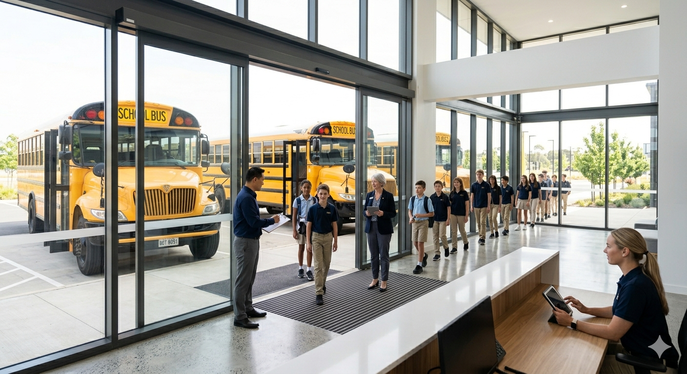 School buses arriving at Botfit