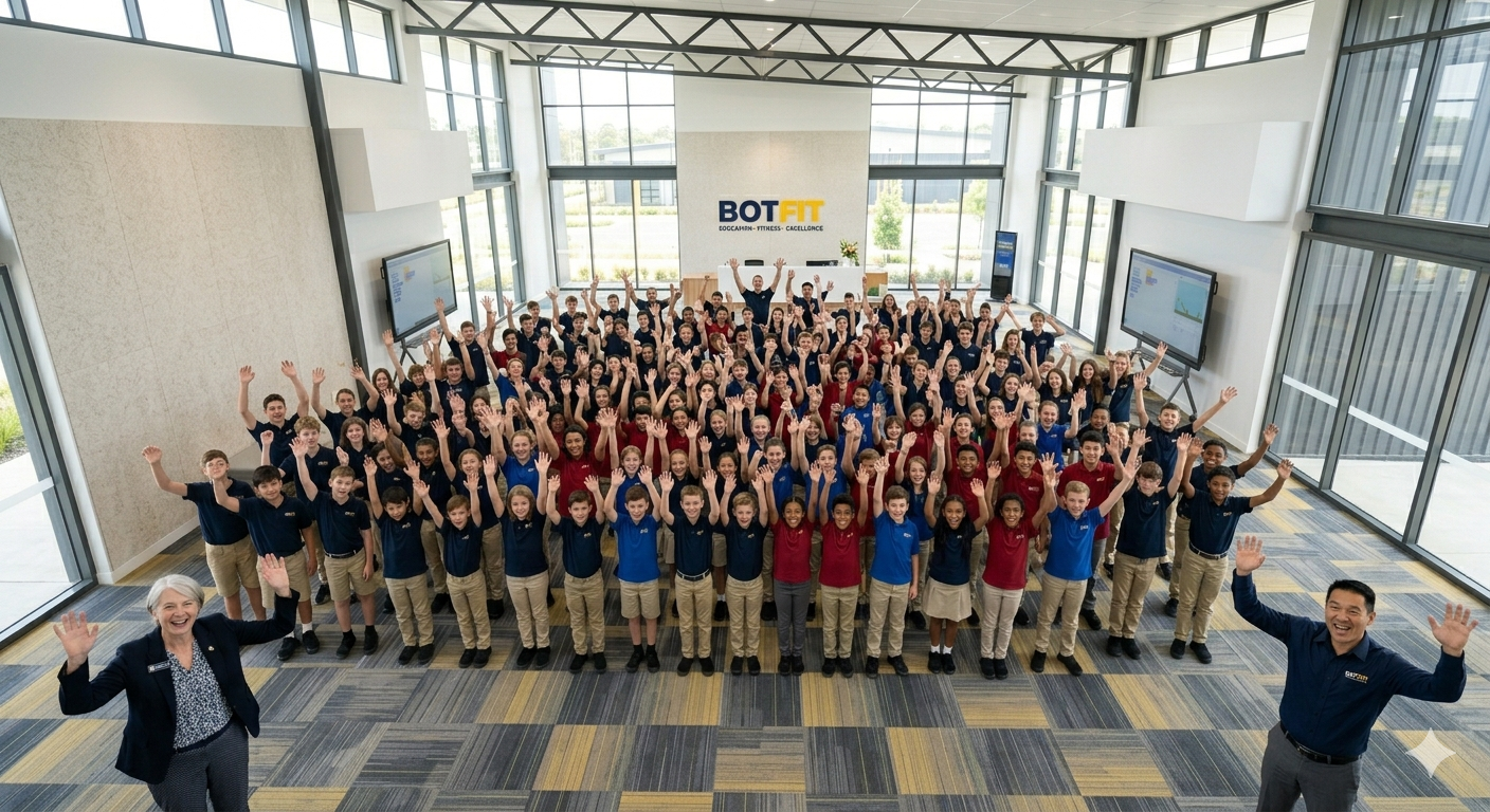 Large group of students celebrating school trip